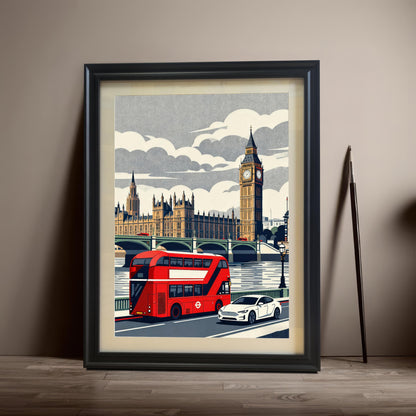 A black wood-framed art print of a London city scene leaning against a neutral wall on a wooden floor, featuring a red double-decker bus and Big Ben.