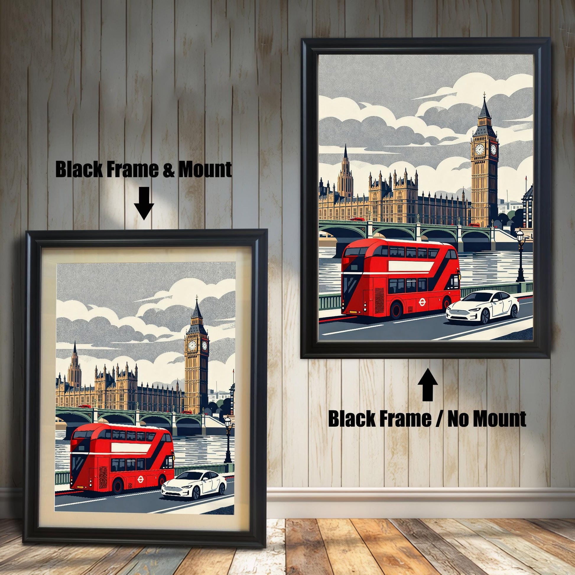 Comparison of two black wood frames: one featuring an inner cream mount (mat) and one without a mount, showcasing a vintage-style London illustration.