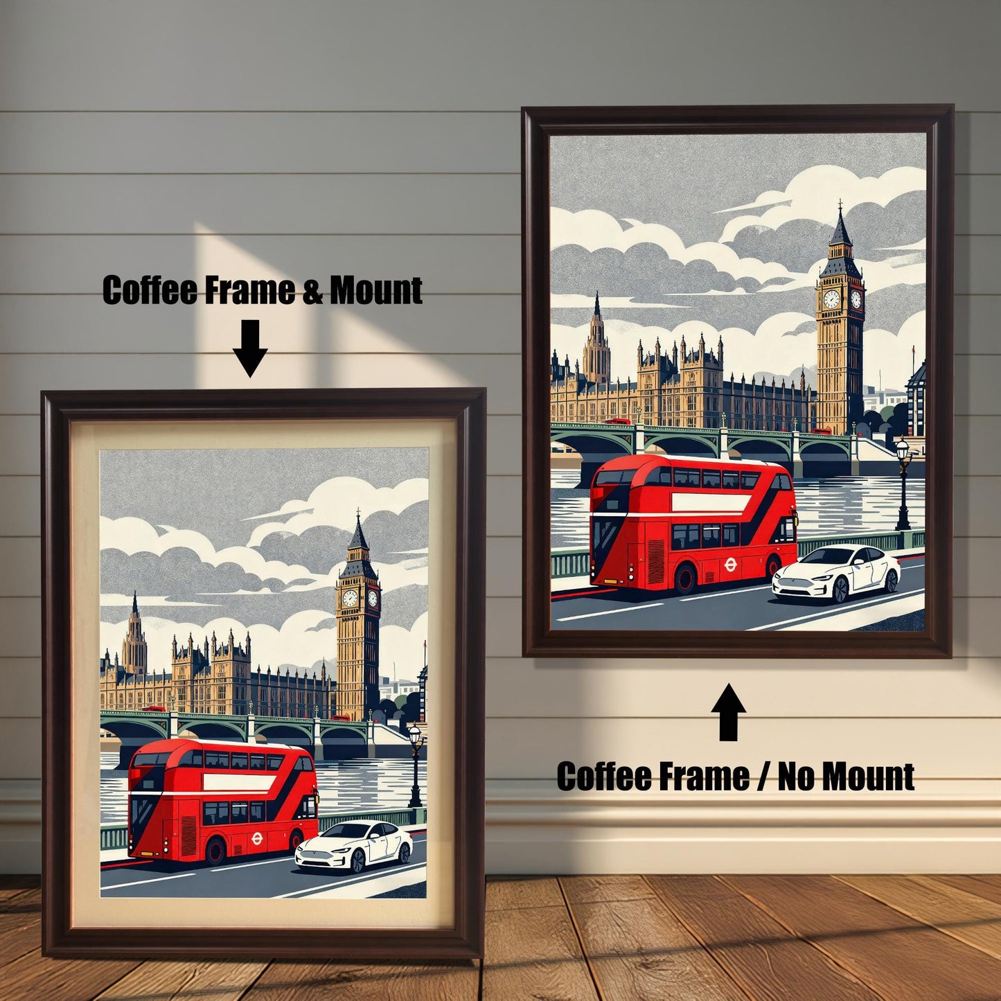 Product display showing a London art print in "Coffee" brown wood frames, illustrating the difference between a framed print with a mount versus one without.