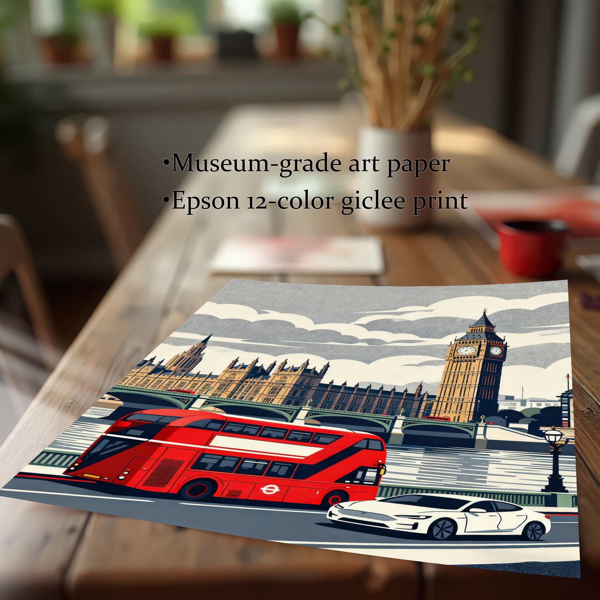 Close-up of a high-quality unframed paper print on a wooden table, with text overlaying "Museum-grade art paper" and "Epson 12-color giclee print."
