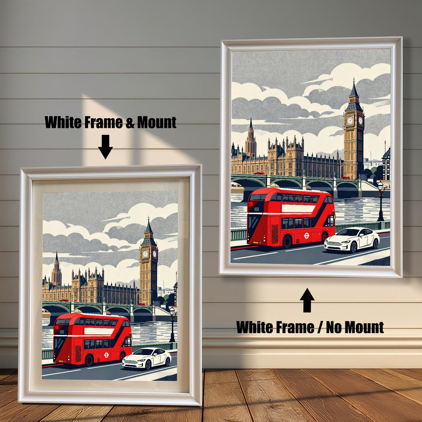 Comparison of white wood frames for a London-themed art print, showing one version with an elegant white mount and another without.
