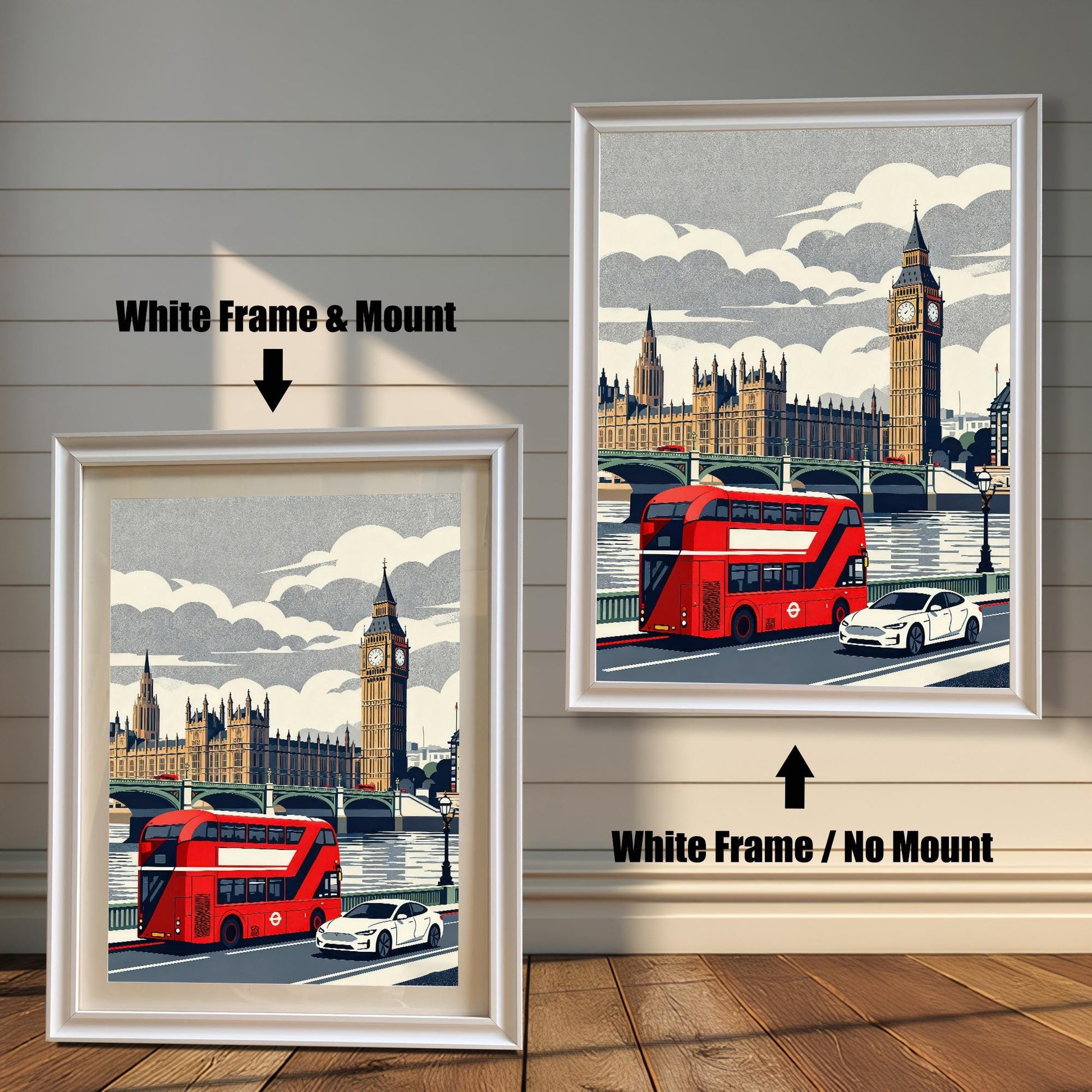 Comparison of white wood frames for a London-themed art print, showing one version with an elegant white mount and another without.