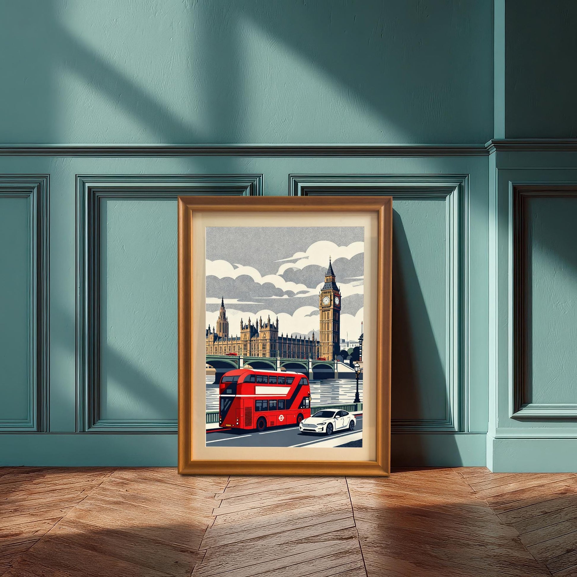 An orange wood-framed London art print with a white mount leaning against a teal-colored wainscoted wall on a parquet floor.