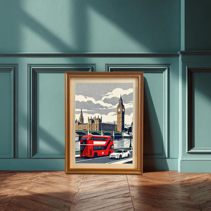 An orange wood-framed London art print with a white mount leaning against a teal-colored wainscoted wall on a parquet floor.