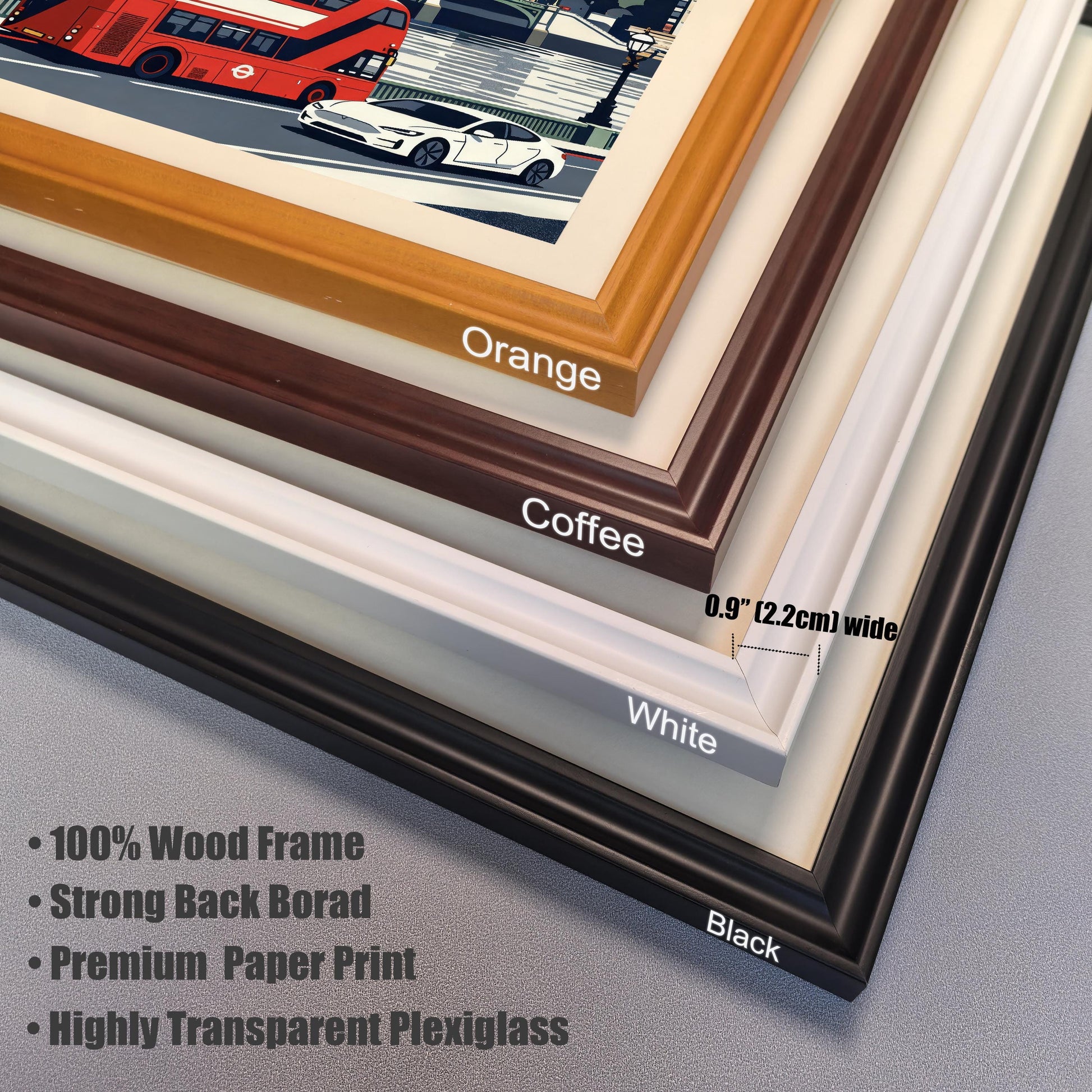 Close-up detail of four wood frame color options stacked together: Orange, Coffee, White, and Black, with text noting "100% Wood Frame" and "Highly Transparent Plexiglass."