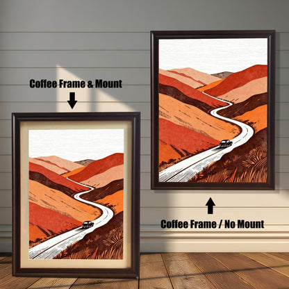 Comparison of the winding road art in "Coffee" (dark brown) wood frames, illustrating the difference between the matted (mounted) and non-matted display options.