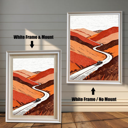 Comparison of the retro-style landscape print in "White" wood frames, showcasing the "White Frame & Mount" versus "White Frame / No Mount" options.