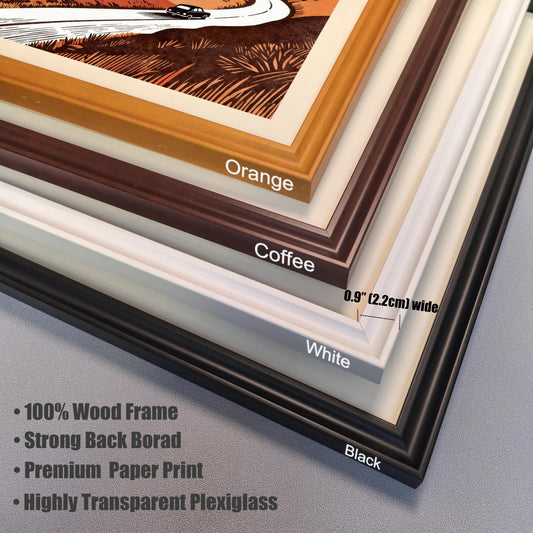 Close-up stack of the four available wood frame colors: Orange, Coffee, White, and Black, with a diagram showing the 0.9-inch (2.2cm) frame width and listing features like "100% Wood Frame" and "Plexiglass."