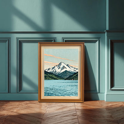 An orange wood framed art print of a snowy mountain peak leaning against a teal-colored wainscoted wall on a herringbone patterned wood floor.