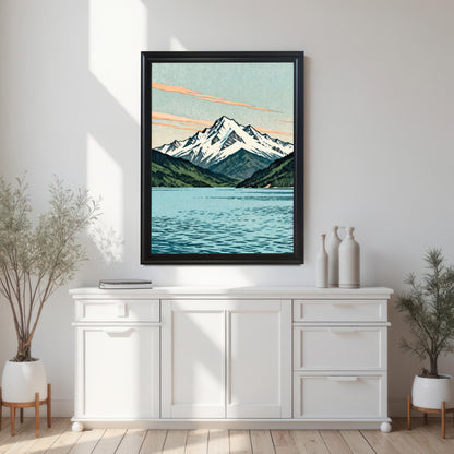 A large black wood framed mountain art print without a mount, hanging on a minimalist white wall above a modern white sideboard cabinet with decorative ceramic vases and potted plants.