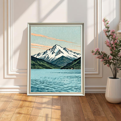 A white wood framed mountain and lake art print leaning on a warm wood floor against a white paneled wall, placed next to a white vase with pink flowers.