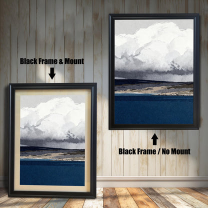 A side-by-side comparison of the artwork in a black wood frame; the left option includes a cream mat mount, while the right option is shown without a mount against a light wood-paneled wall.