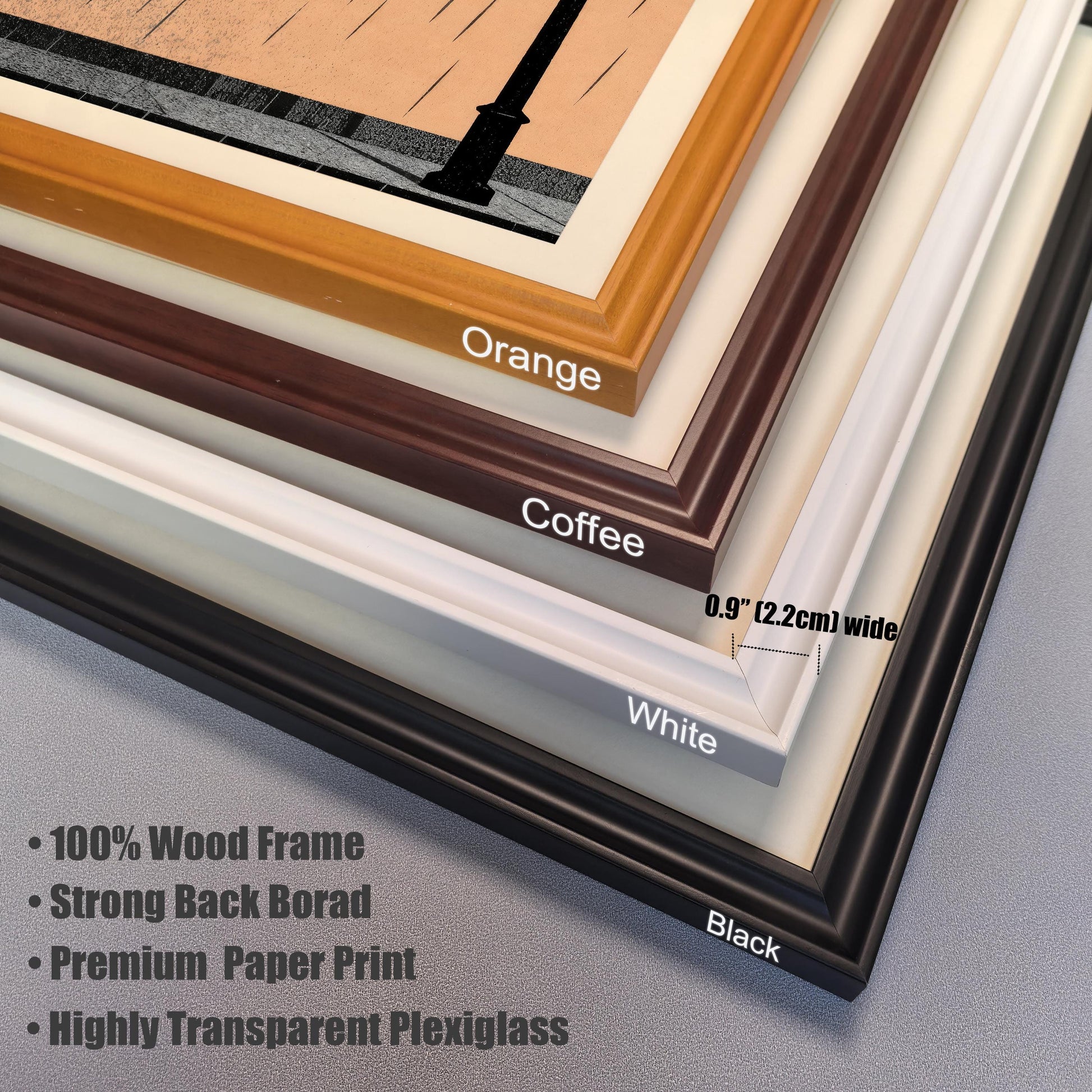Close-up detail of four available wood frame finishes stacked together: Orange, Coffee, White, and Black. Text highlights features: 100% wood frame, strong backboard, and plexiglass.
