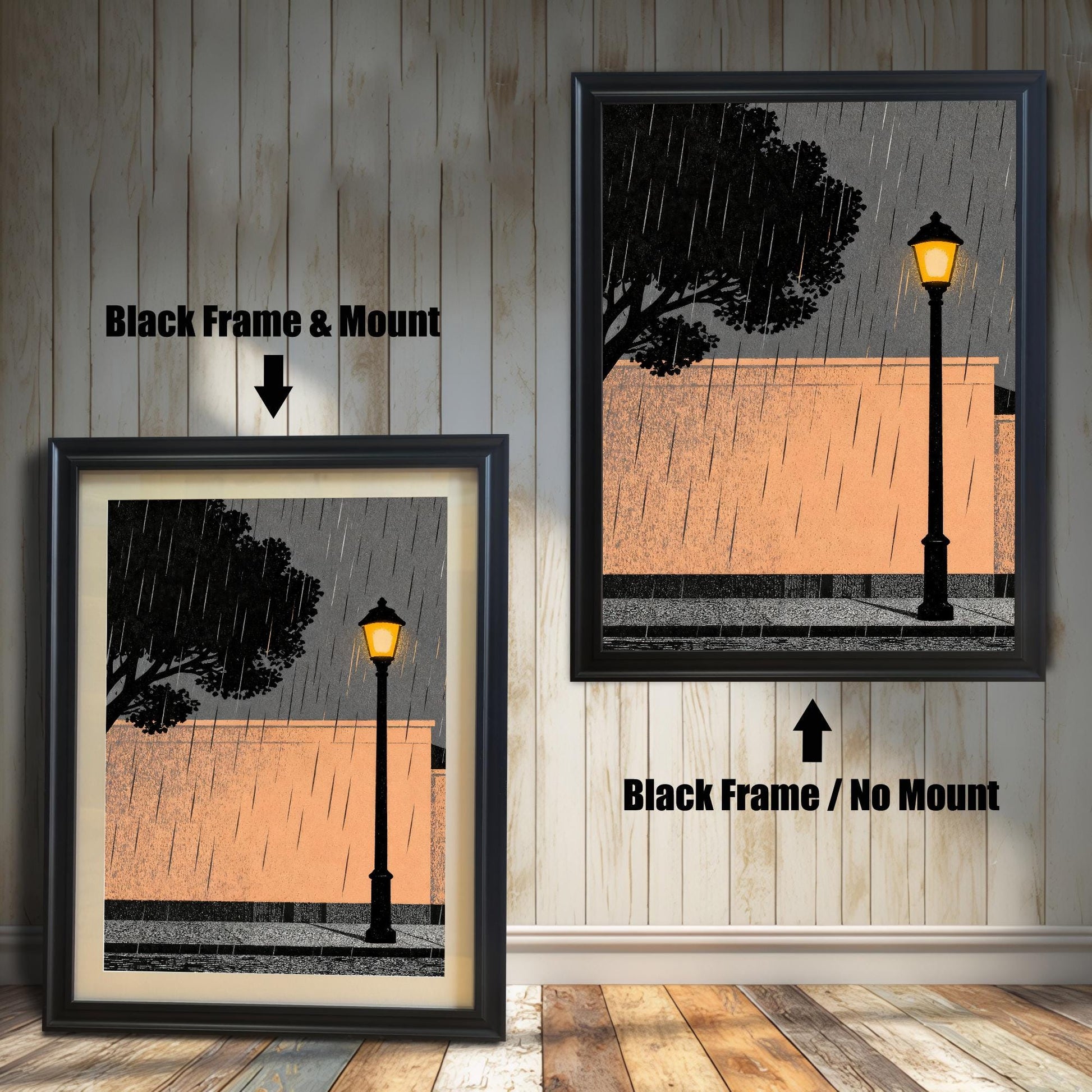 Comparison of the black wood frame option showing the "Black Frame & Mount" version versus the "Black Frame / No Mount" version in a rustic room with wooden floors.