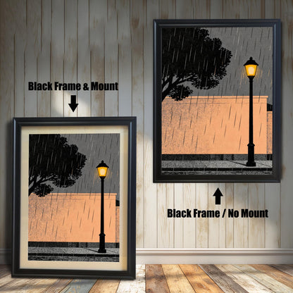 Comparison of the black wood frame option showing the "Black Frame & Mount" version versus the "Black Frame / No Mount" version in a rustic room with wooden floors.
