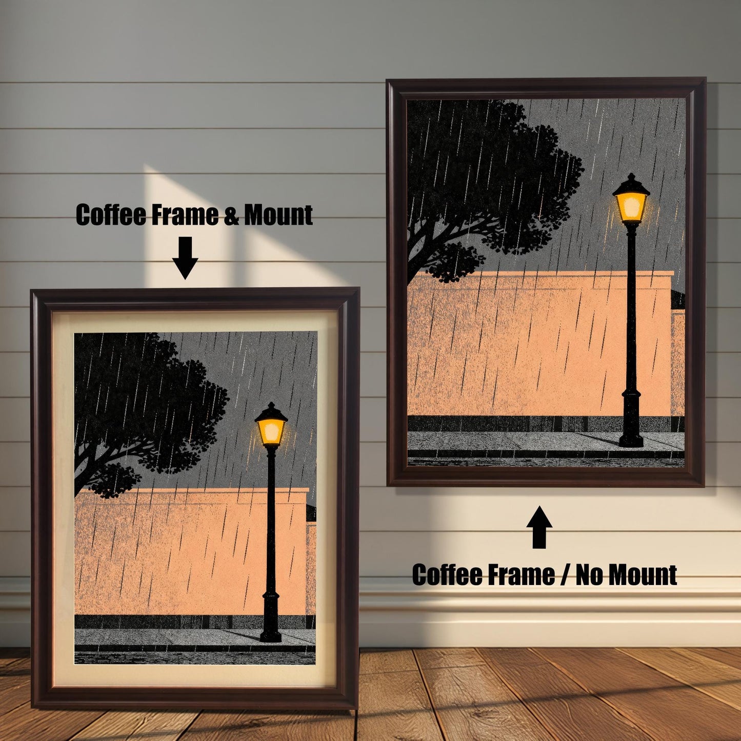 Comparison of the coffee-colored wood frame option showing two styles: "Coffee Frame & Mount" (featuring an off-white border) and "Coffee Frame / No Mount" (full print) against a white paneled wall.