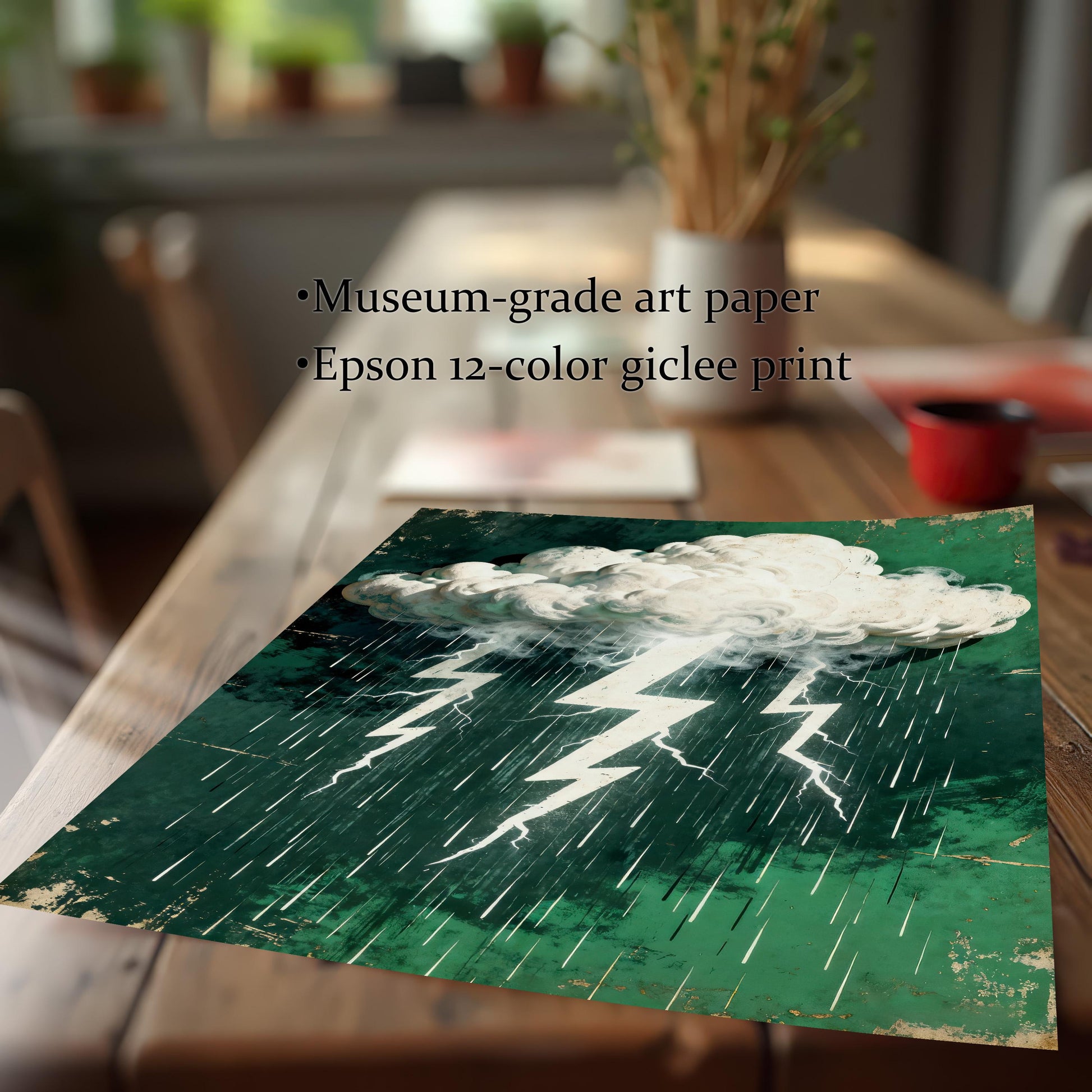 Close-up shot of the stormy cloud and lightning art print laying on a wooden table, emphasizing the print quality. Text overlay: 'Museum-grade art paper' and 'Epson 12-color giclee print'.