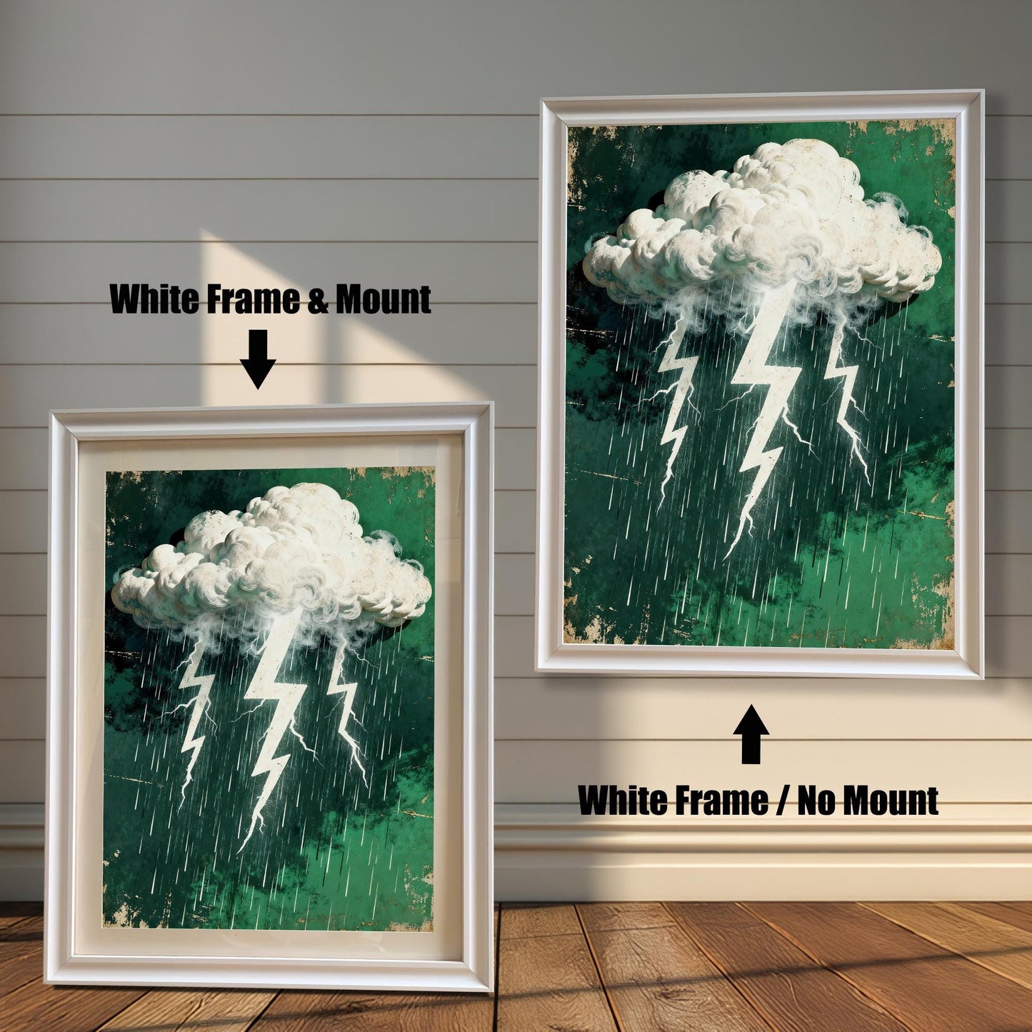 Comparison image of the stormy cloud and lightning art print: A smaller print in a 'White' wood frame with a mount, next to a larger print in a 'White' wood frame without a mount.