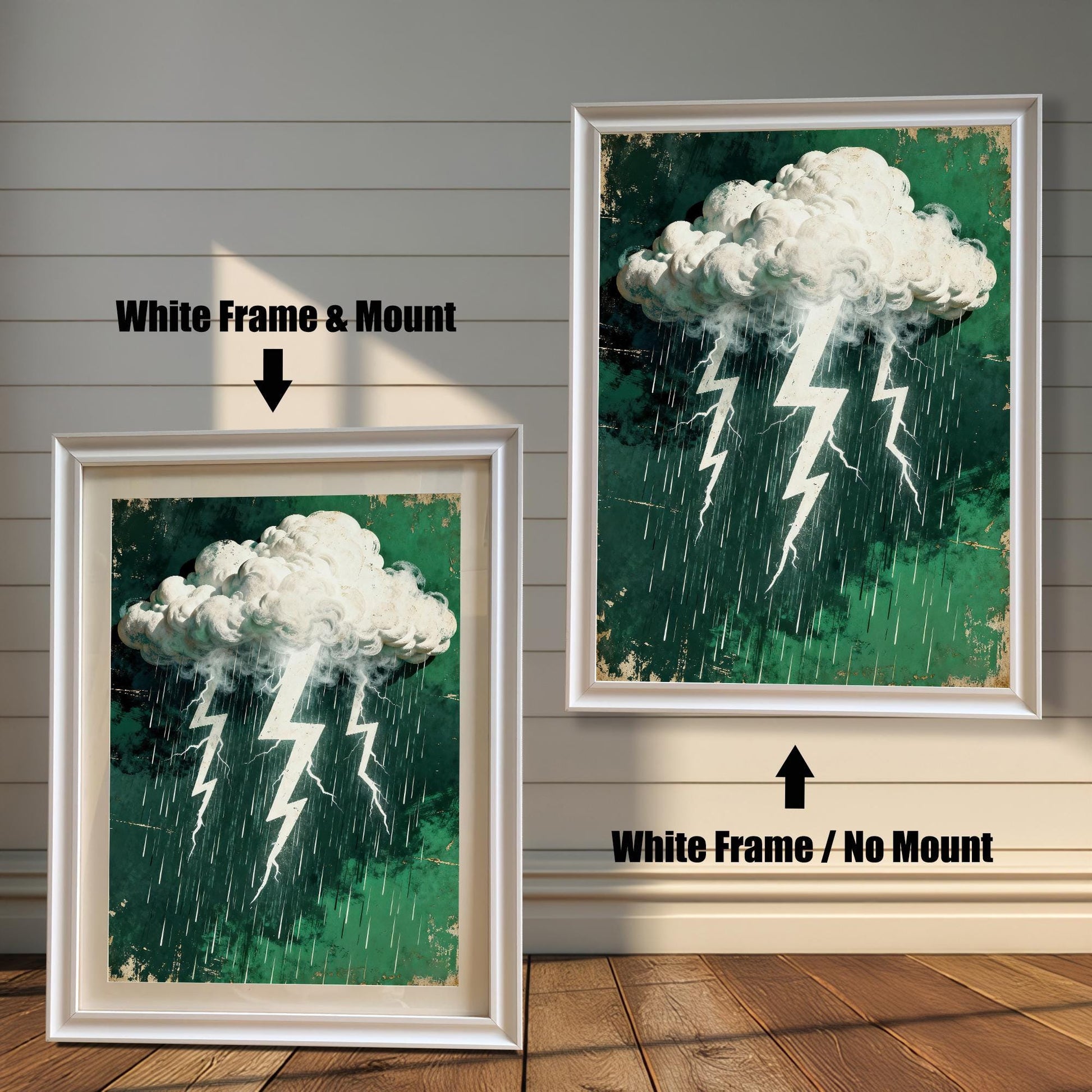 Comparison image of the stormy cloud and lightning art print: A smaller print in a 'White' wood frame with a mount, next to a larger print in a 'White' wood frame without a mount.