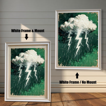 Comparison image of the stormy cloud and lightning art print: A smaller print in a 'White' wood frame with a mount, next to a larger print in a 'White' wood frame without a mount.