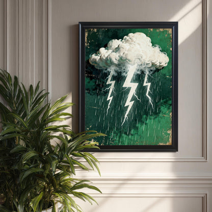 The stormy cloud and lightning art print in a 'Black' wood frame, displayed on a textured wall next to a large potted plant, highlighting the green and white contrast.