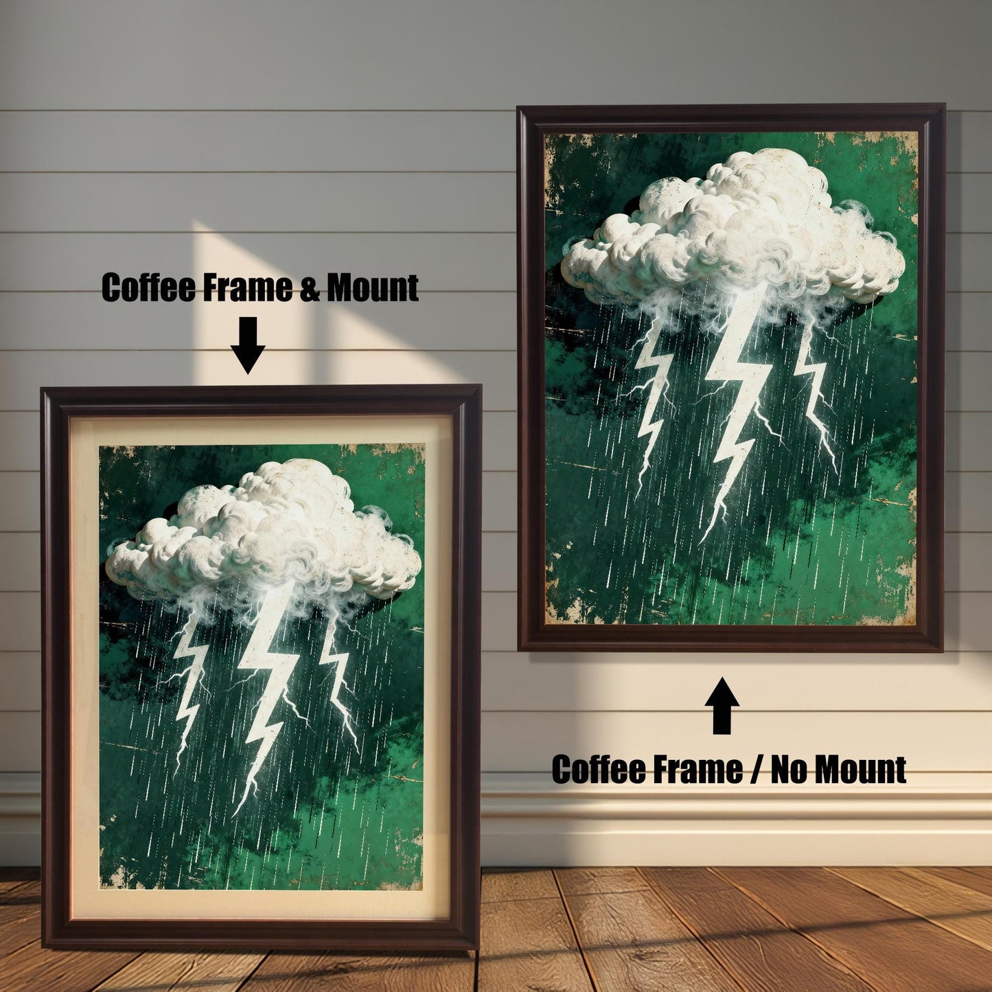 Comparison image of the mountain art print: A smaller print in a dark brown 'Coffee' wood frame with a cream mount, next to a larger print in a 'Coffee' wood frame without a mount.