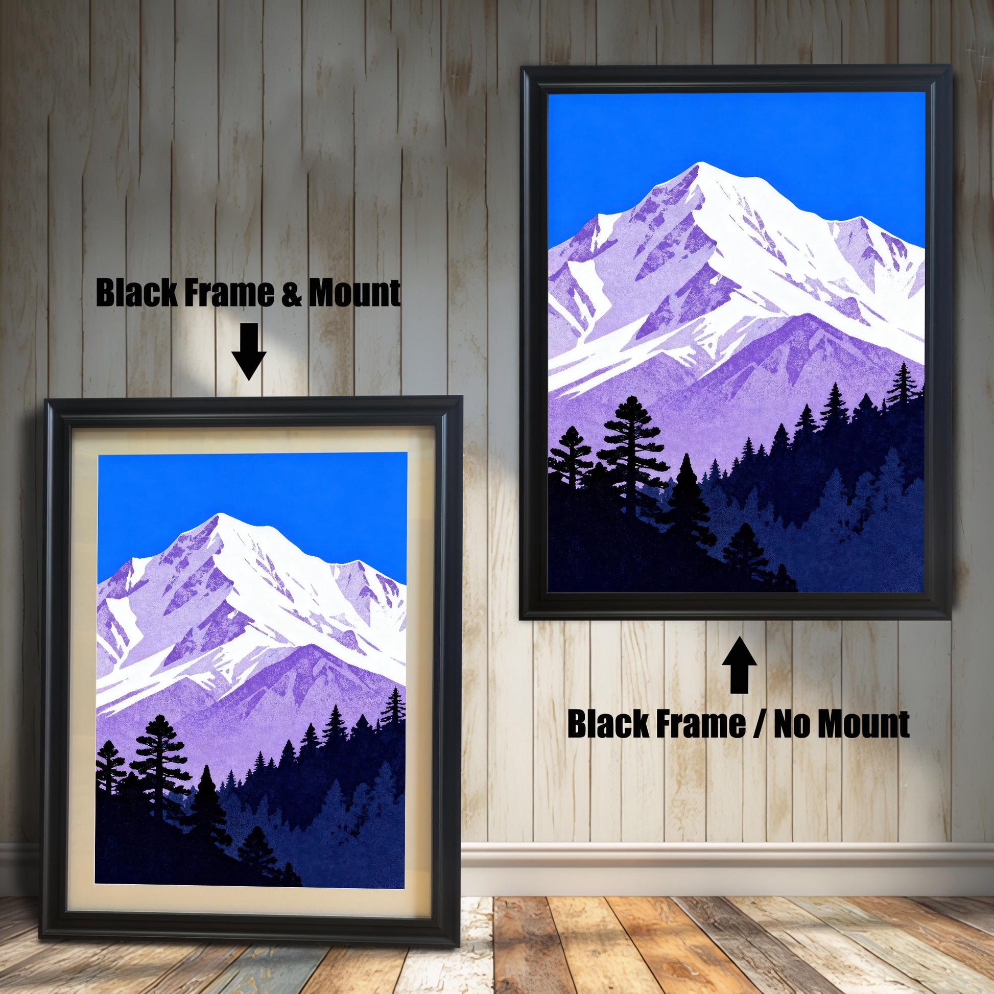 Comparison image of the mountain art print: A smaller print in a 'Black' wood frame with a cream mount, next to a larger print in a 'Black' wood frame without a mount.