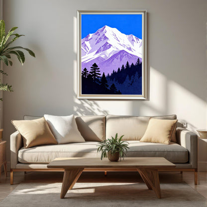 The purple and blue mountain art print in a 'White' wood frame, hanging on a light-colored wall above a beige sofa and a wooden coffee table in a modern living room setting.