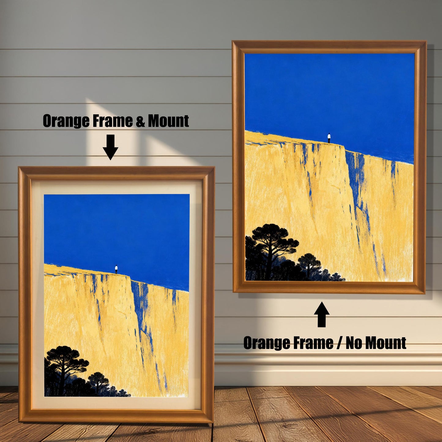 Comparison image showing the art print in an orange frame with a white mount (mat) on the left, labeled 'Orange Frame & Mount', and the same art print in an orange frame without a mount on the right, labeled 'Orange Frame / No Mount'.