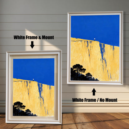 Comparison image showing the art print in a white frame with a white mount (mat) on the left, labeled 'White Frame & Mount', and the same art print in a white frame without a mount on the right, labeled 'White Frame / No Mount'.