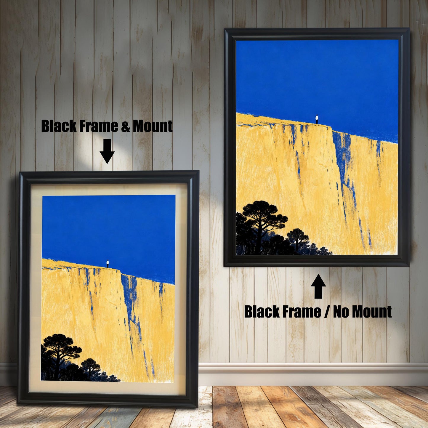 Comparison image showing the art print in a black frame with a white mount (mat) on the left, labeled 'Black Frame & Mount', and the same art print in a black frame without a mount on the right, labeled 'Black Frame / No Mount'.