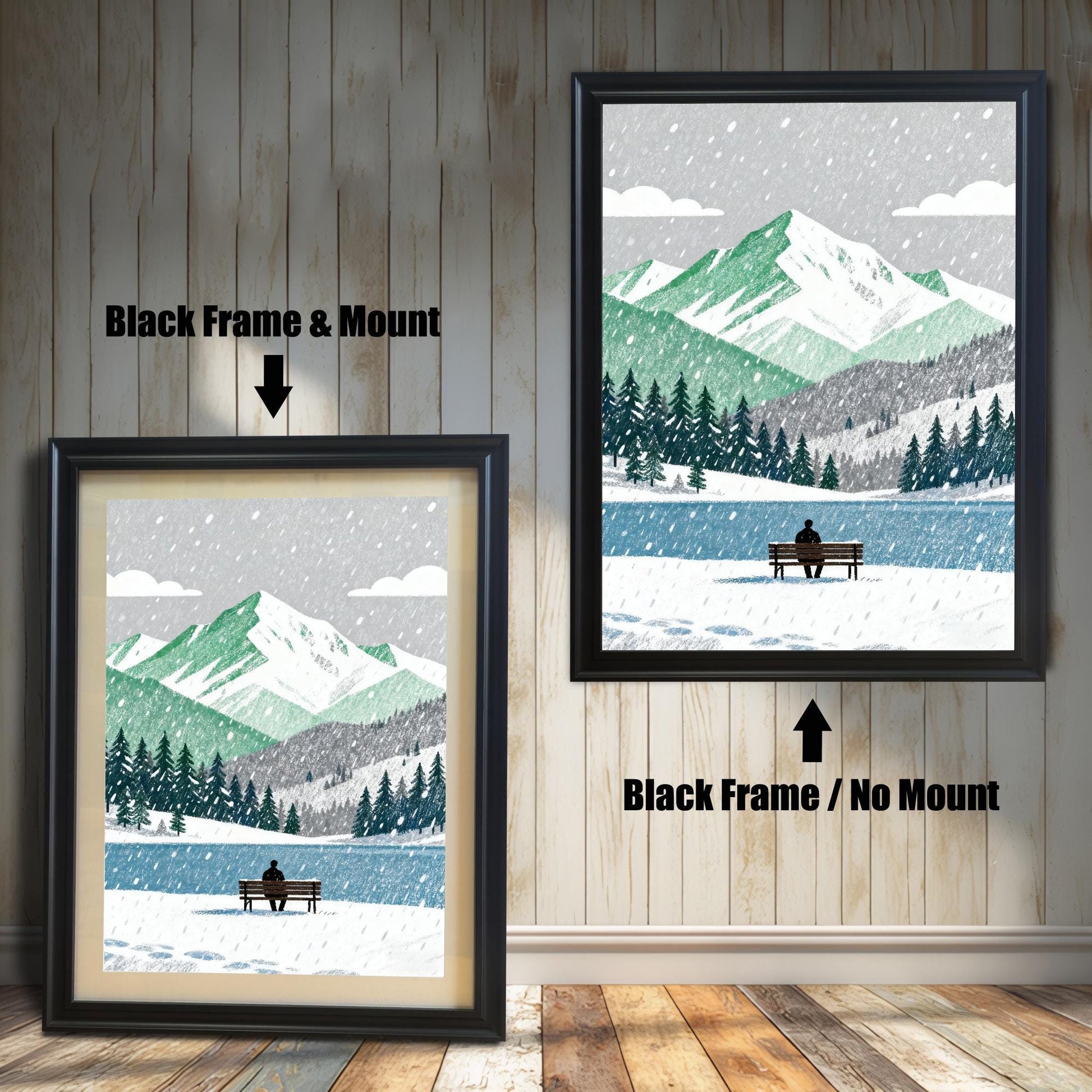 A wood framed art print of a snowy mountain and lake scene. The image shows two framing options: Black Frame with a Mount (left, smaller) and Black Frame without a Mount (right, larger). A person sits on a bench by the lake.