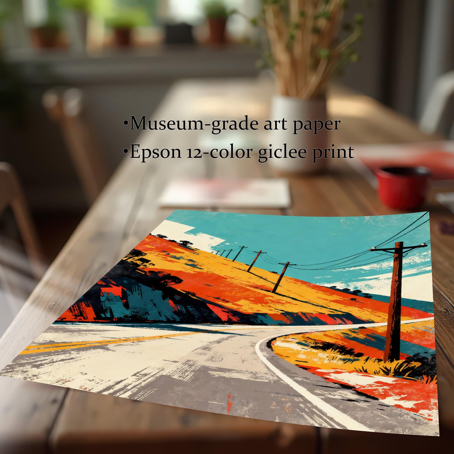 Close-up detail of the unframed art print lying on a wooden table, showing the print quality and paper texture. Bullet points mention: Museum-grade art paper and Epson 12-color giclee print.