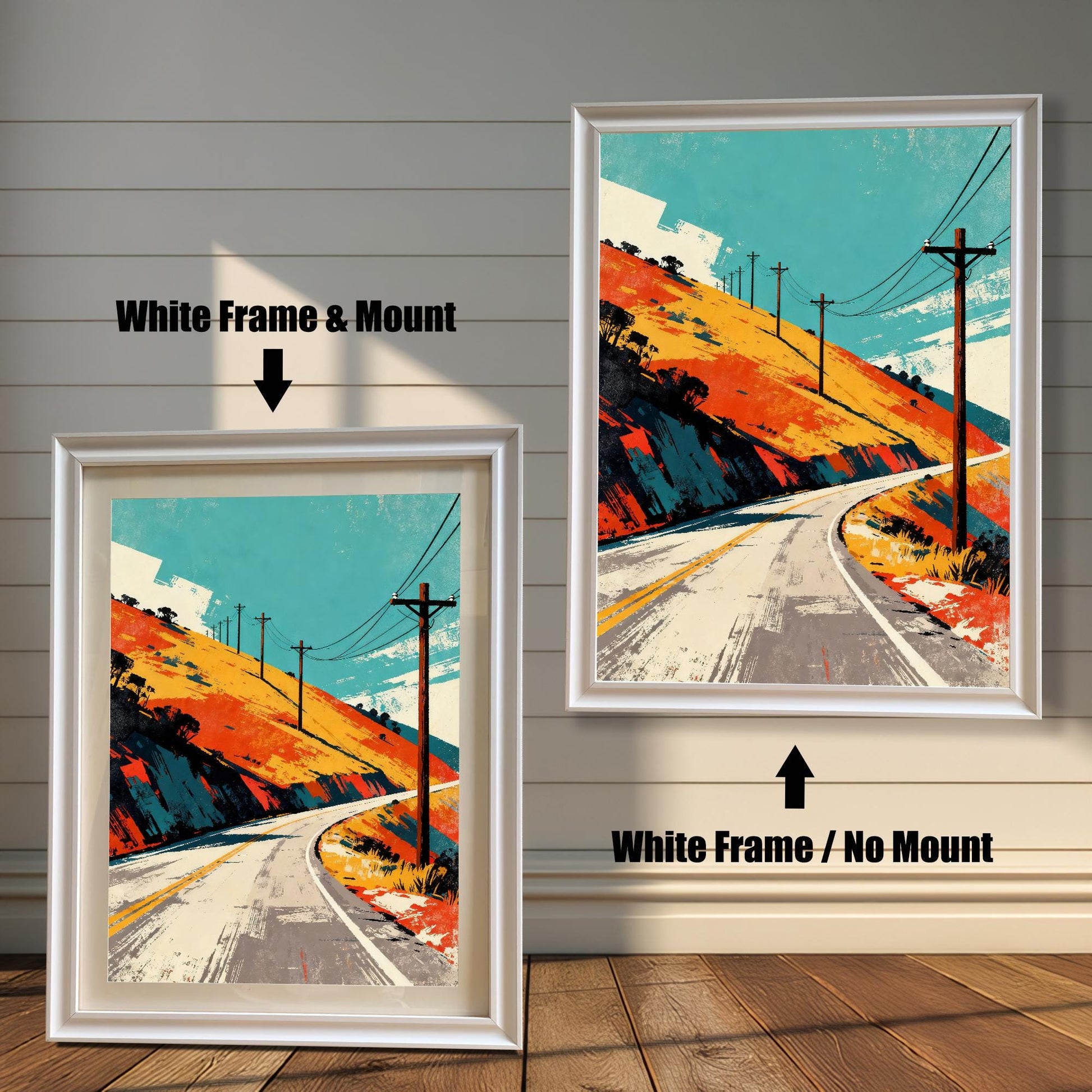 Comparison photo showing the art print in a White Frame with a mount (matting) on the left, and in a White Frame without a mount on the right. Both prints feature the winding road, orange hill, and teal sky art style. Text labels and arrows indicate the two options.