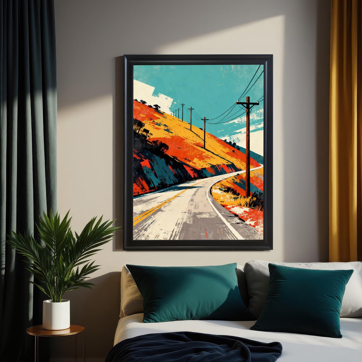 The framed art print in a Black Frame hangs above a bed with teal and gray pillows in a modern bedroom setting. A potted plant sits on a side table to the left, and the room has dark teal and mustard yellow curtains.