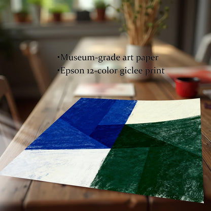 Close-up of an unframed art print with a geometric abstract design in blue, green, and cream colors, resting on a wooden table. Text overlays highlight features: Museum-grade art paper and Epson 12-color giclee print.