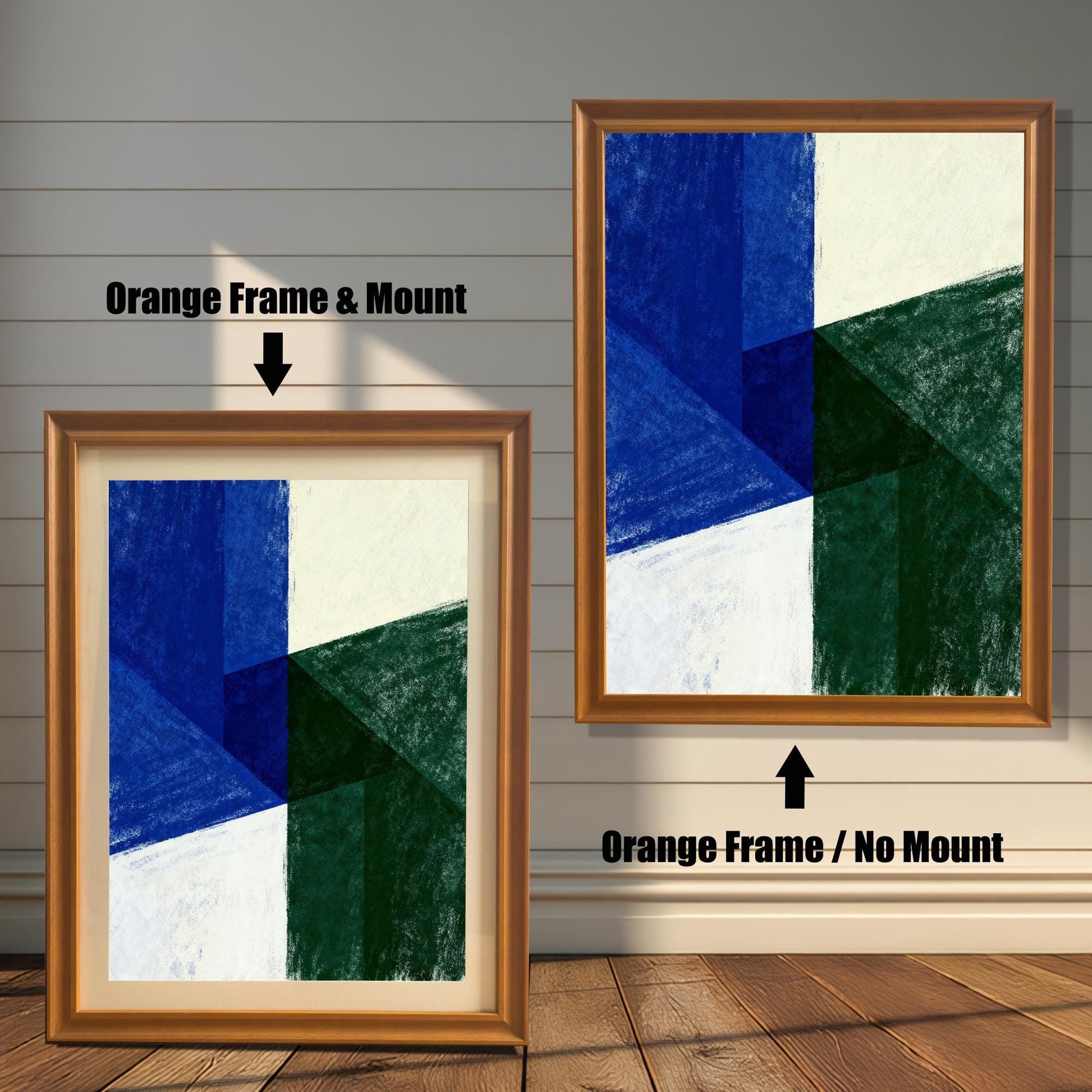 Comparison image of two framed prints against a light wooden wall. The left print shows an Orange Frame & Mount (with a beige border/mat). The right print shows a larger Orange Frame / No Mount. Both display the same geometric abstract artwork in blue, green, and white.