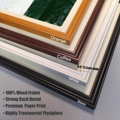 Close-up stack of four wooden frame corners demonstrating color options: Orange, Coffee (brown), White, and Black. The image indicates the frame width is 0.9 inches (2.2 cm) and lists features like 100% Wood Frame, Strong Back Board, Premium Paper Print, and Highly Transparent Plexiglass.