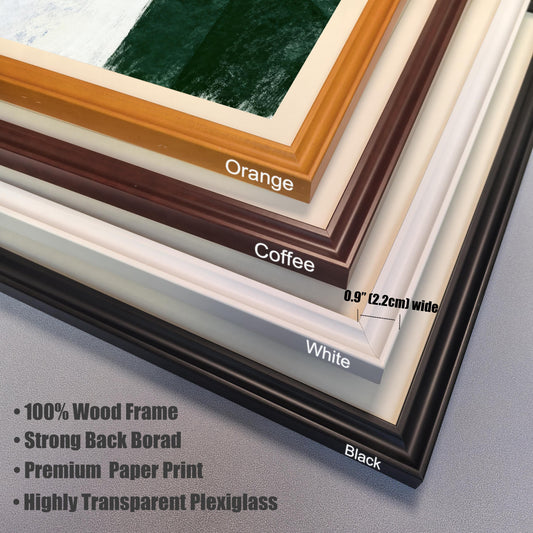Close-up stack of four wooden frame corners demonstrating color options: Orange, Coffee (brown), White, and Black. The image indicates the frame width is 0.9 inches (2.2 cm) and lists features like 100% Wood Frame, Strong Back Board, Premium Paper Print, and Highly Transparent Plexiglass.