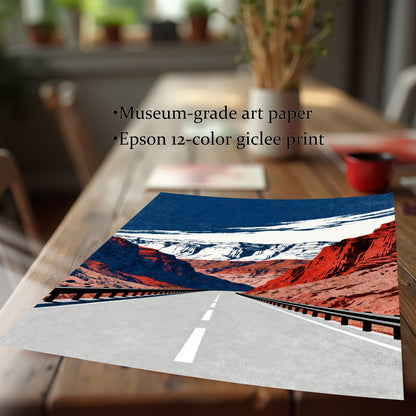 A close-up of the unframed art print lying on a wooden table, showing the texture and colors. Text highlights print quality: Museum-grade art paper and Epson 12-color giclee print.