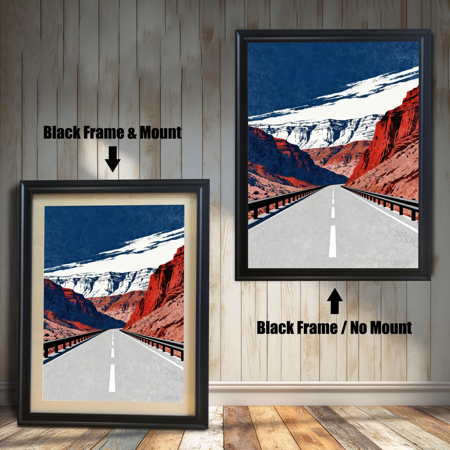 A side-by-side comparison of a framed art print. The image on the left has a Black Frame & Mount (a white border or matting) and the image on the right has a Black Frame / No Mount. The art depicts a long, straight road through red rock canyons under a dark blue and white sky.