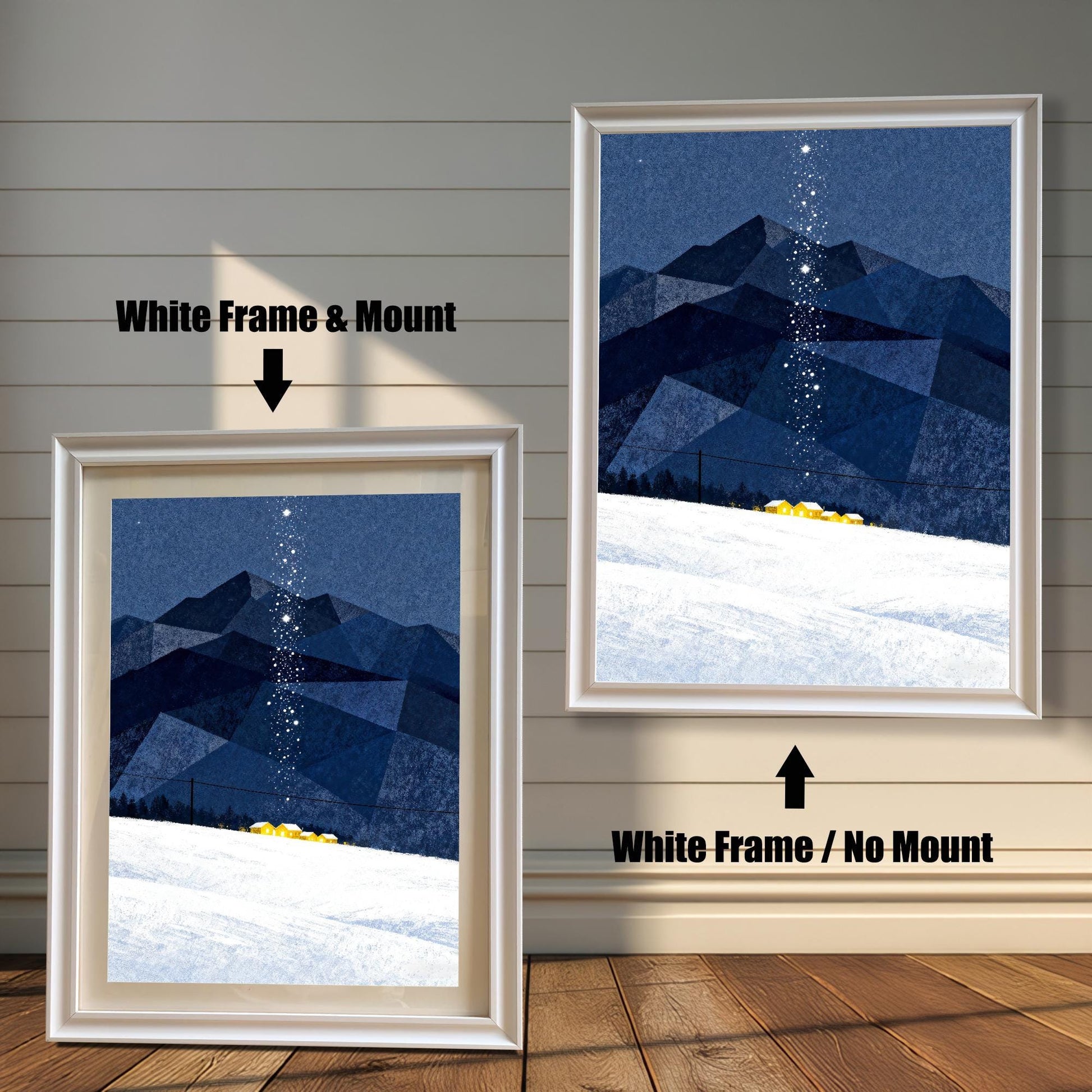 Comparison image showing the art print in a White Frame & Mount (with a beige border) on the left, and a White Frame / No Mount (full bleed) on the right, against a white wood-paneled wall.