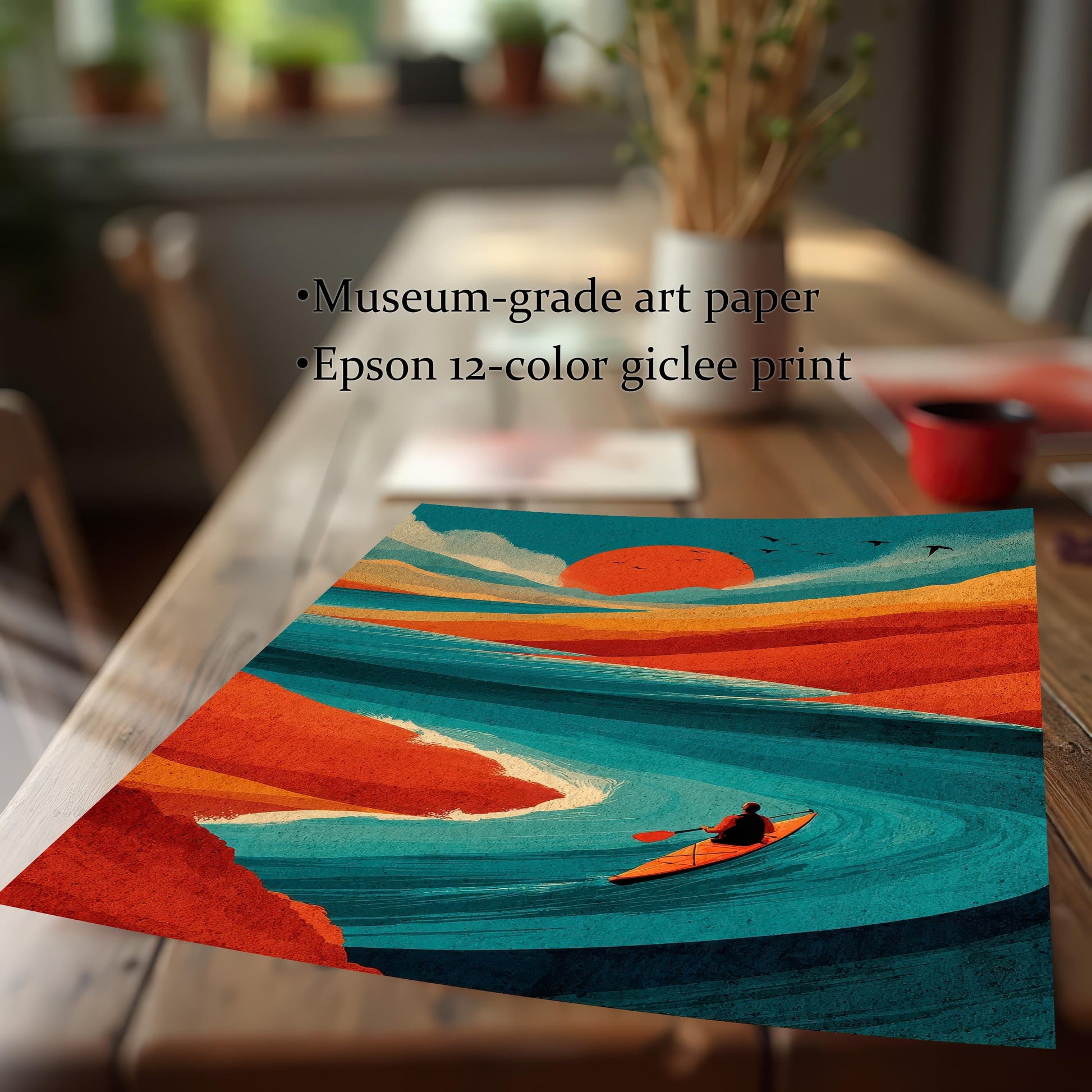 Close-up of a high-quality unframed art print on a wooden table, featuring text: "Museum-grade art paper" and "Epson 12-color giclee print."