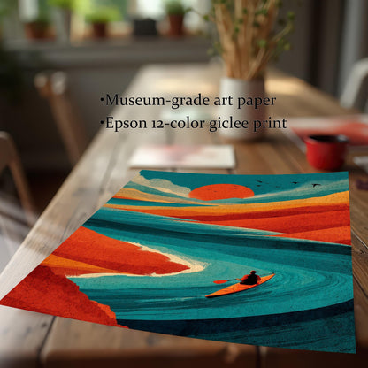 Close-up of a high-quality unframed art print on a wooden table, featuring text: "Museum-grade art paper" and "Epson 12-color giclee print."