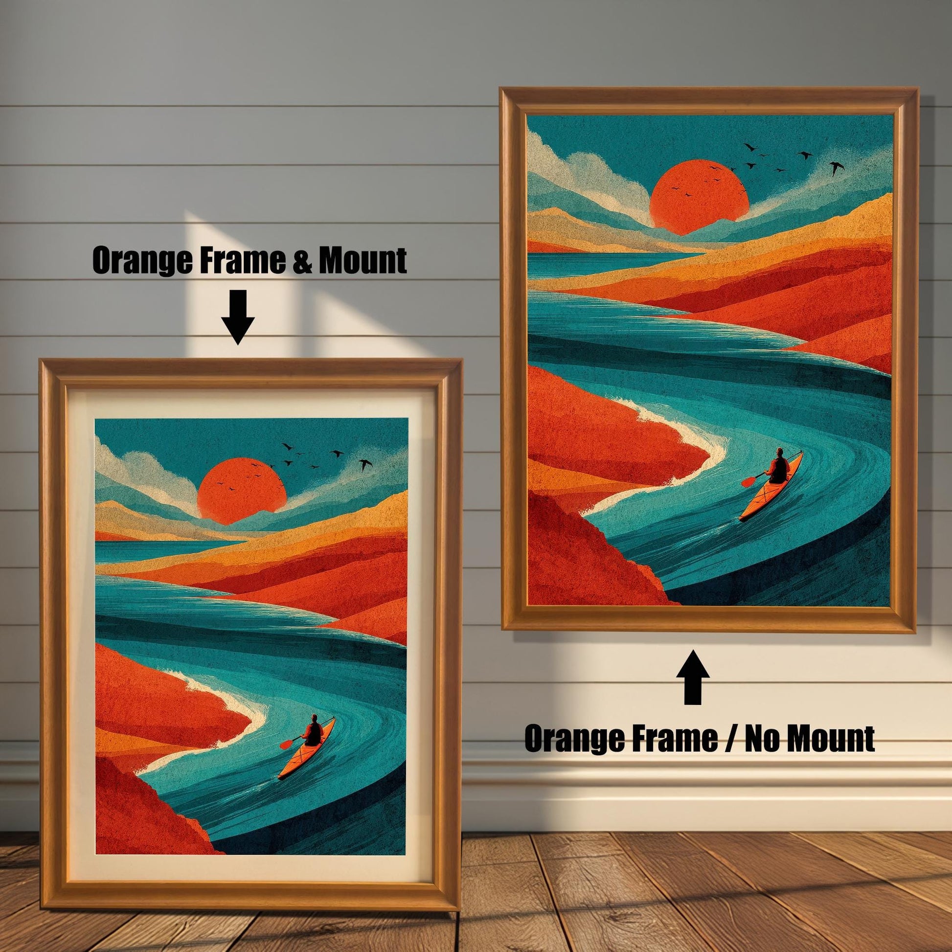 Side-by-side comparison of a sunset river art print in an Orange Frame, shown both with an off-white mat mount and without a mount.