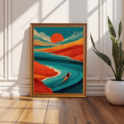 A warm-toned wood-framed art print of a sunset river scene leaning against a white paneled wall on a hardwood floor next to a potted plant.