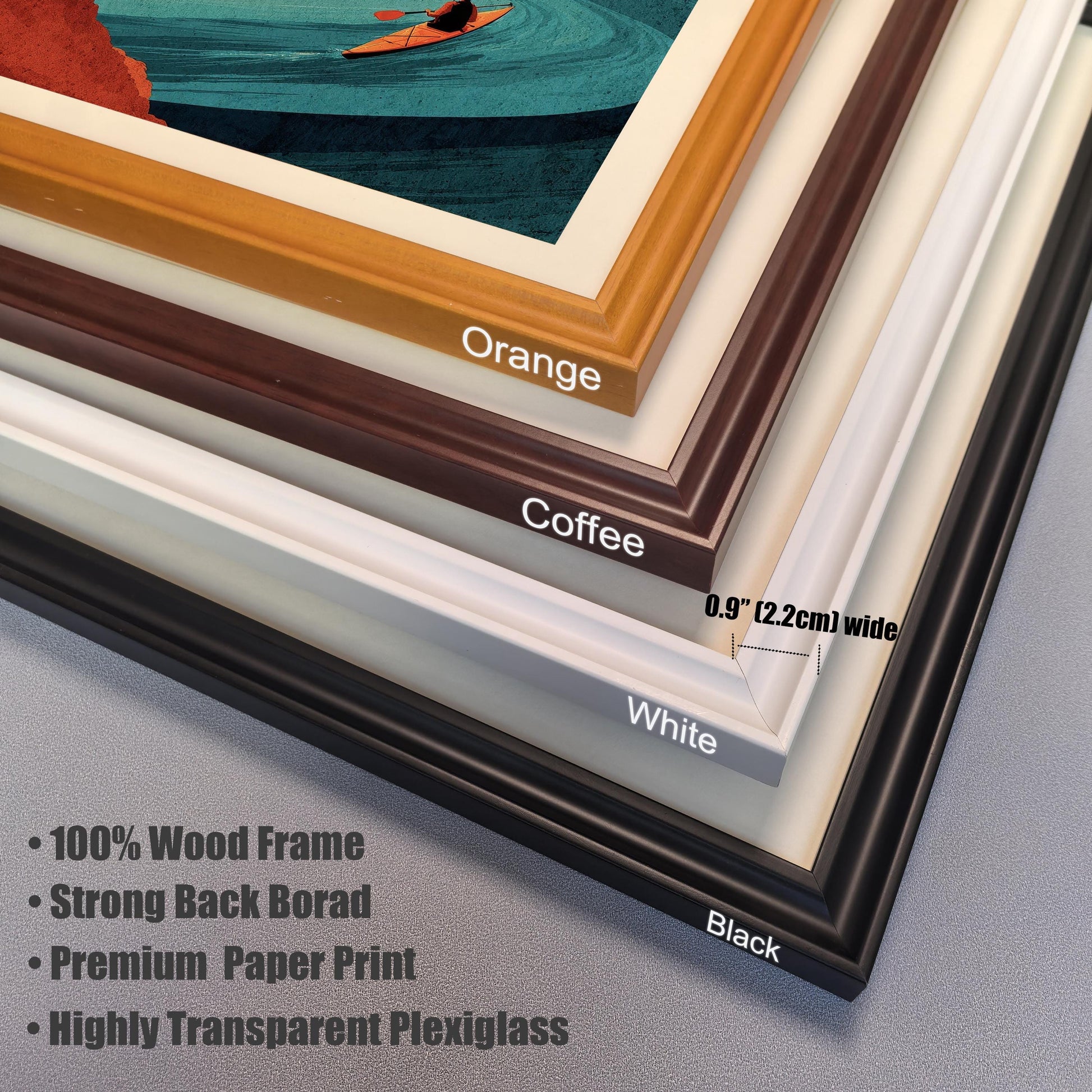 Close-up detail of four wooden frame corner samples in Orange, Coffee, White, and Black, labeled "100% Wood Frame" and "0.9 inch wide."