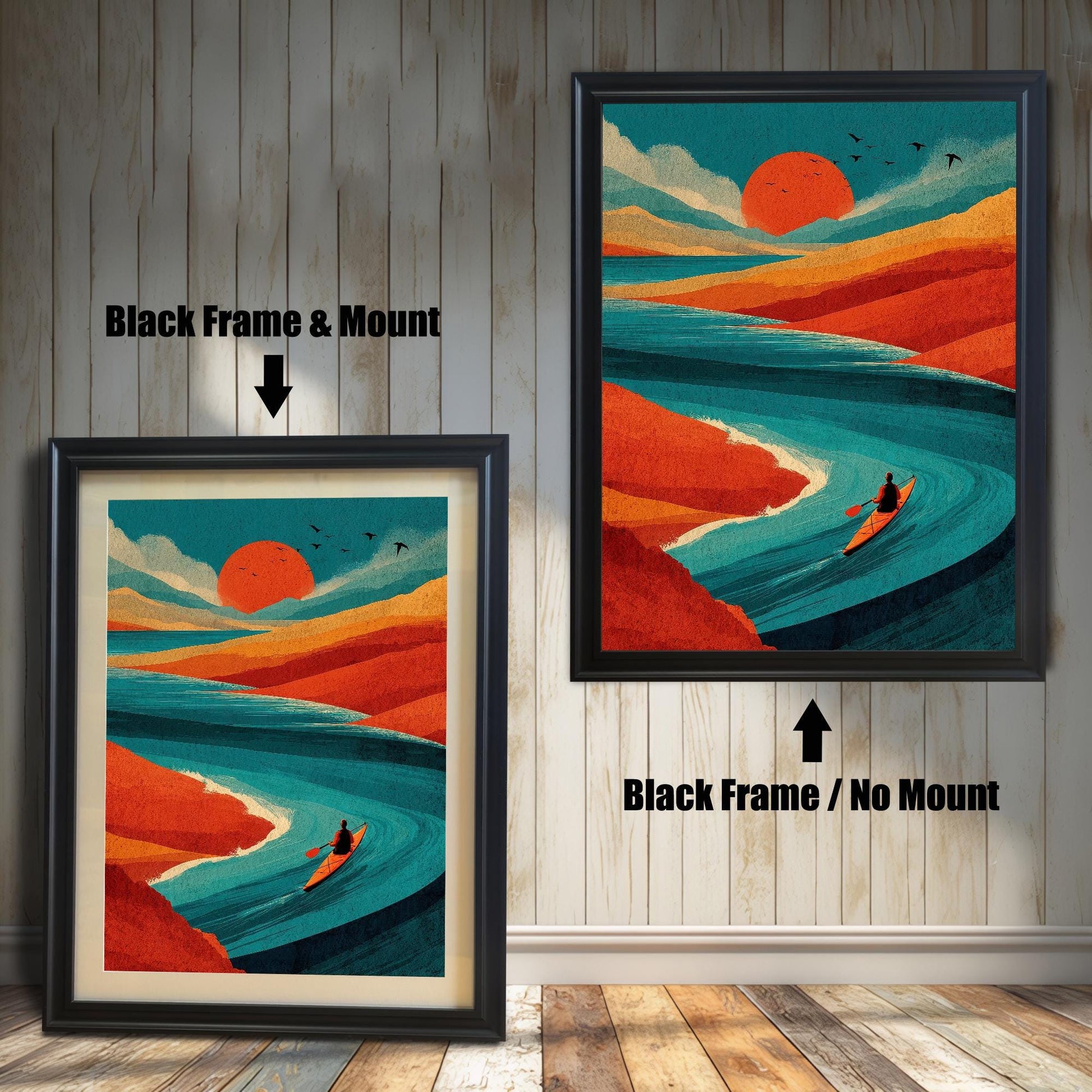 Comparison of a sunset kayaking art print in a Black Frame, showing the visual difference between the "With Mount" and "No Mount" options.