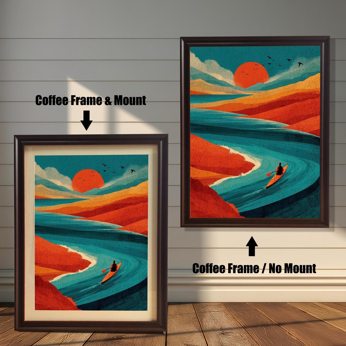 Comparison of a vibrant nature art print in a Coffee (dark brown) wood frame, displayed with and without a mat mount against a white shiplap wall.