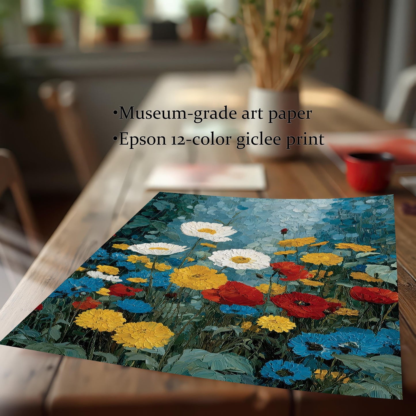 Close-up detail of the art print resting on a wooden table, highlighting the high-quality texture. Text overlay reads "Museum-grade art paper" and "Epson 12-color giclee print."